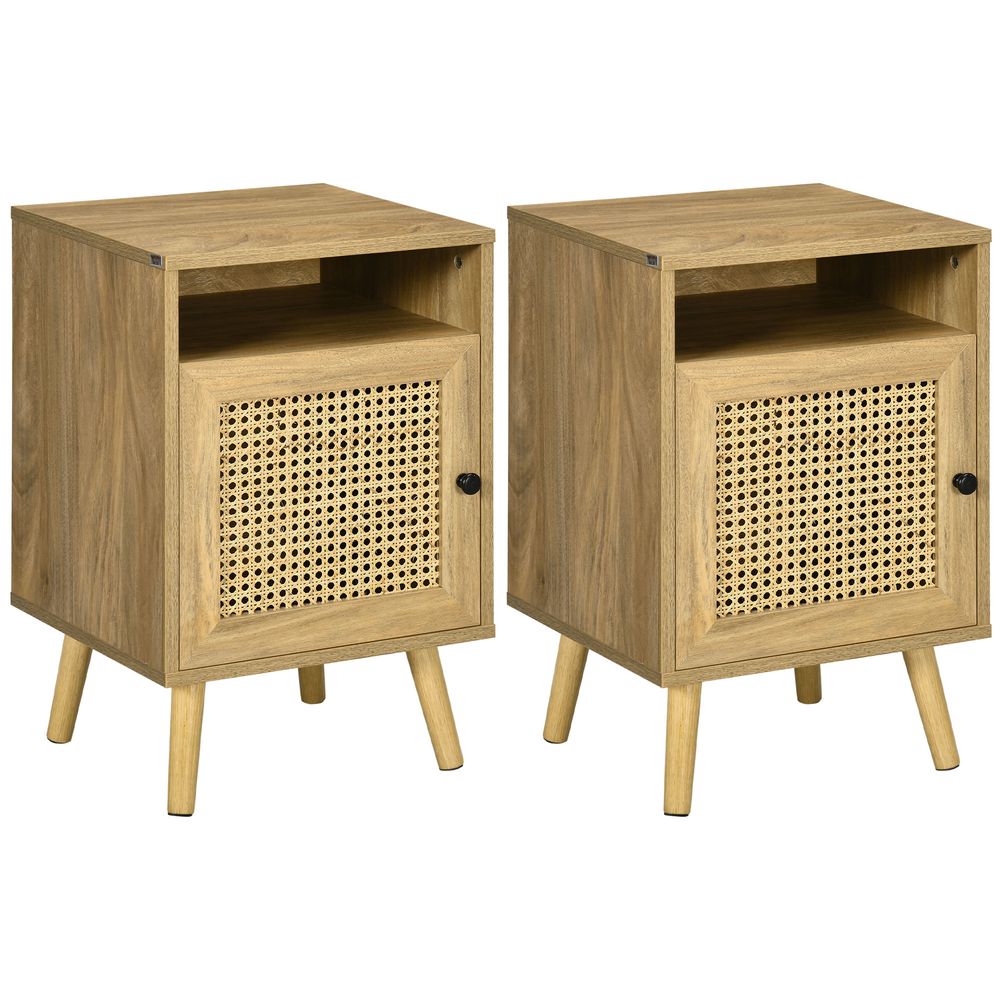 HOMCOM Nightstand, Rattan Bedside Table, Sofa Side Table w/ Cabinet, Shelf