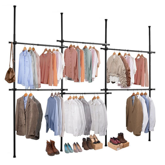 Triple Telescopic Black Wardrobe Organiser Hanging Rail Clothes Rack Adjustable Storage Shelving