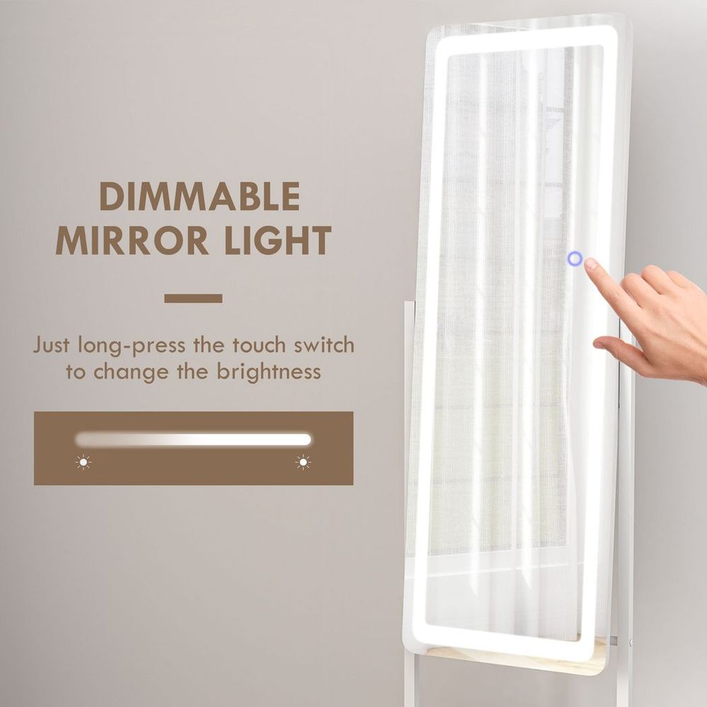 HOMCOM LED Lighted Full Length Mirror, Floor Standing Mirror with Storage Shelf