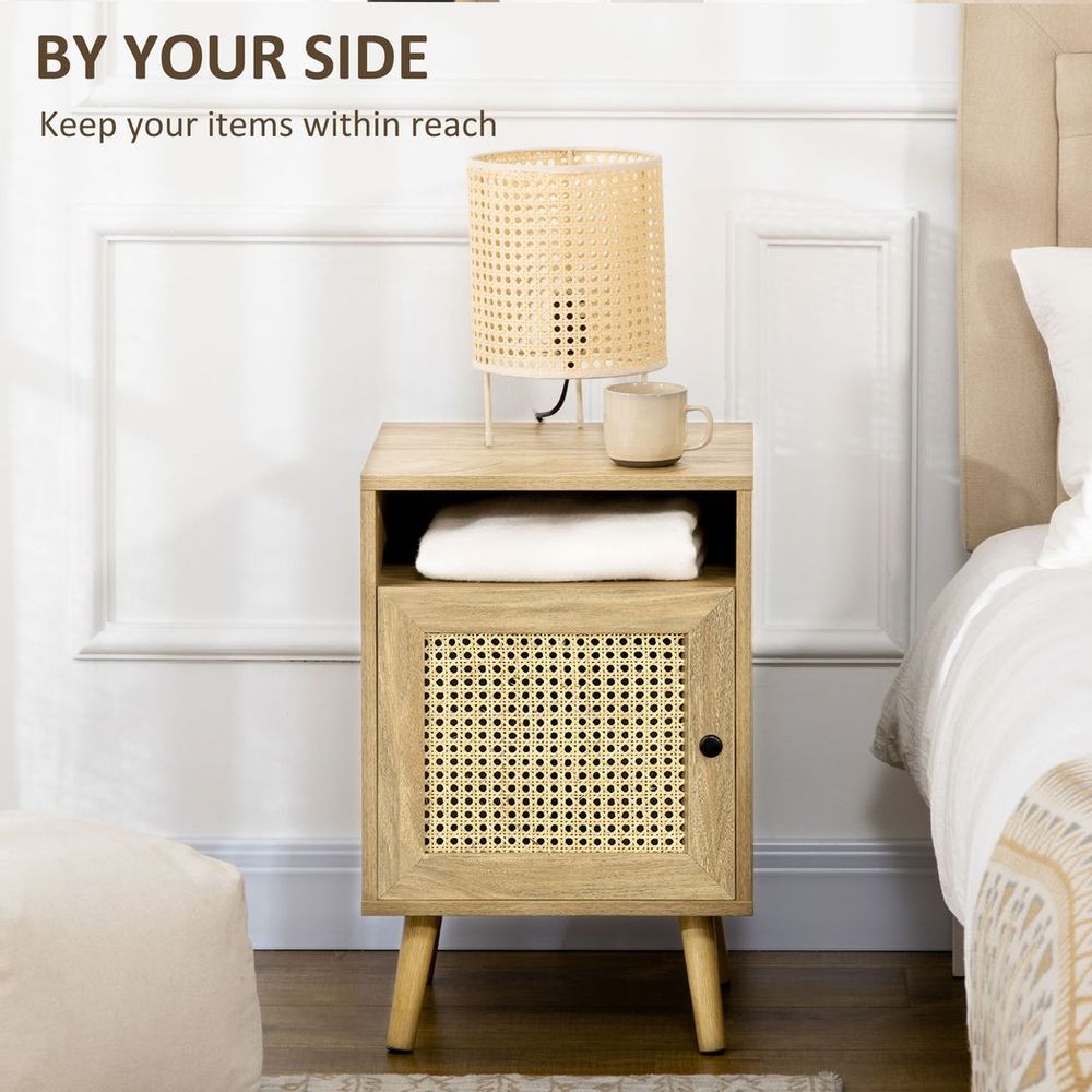 HOMCOM Nightstand, Rattan Bedside Table, Sofa Side Table w/ Cabinet, Shelf