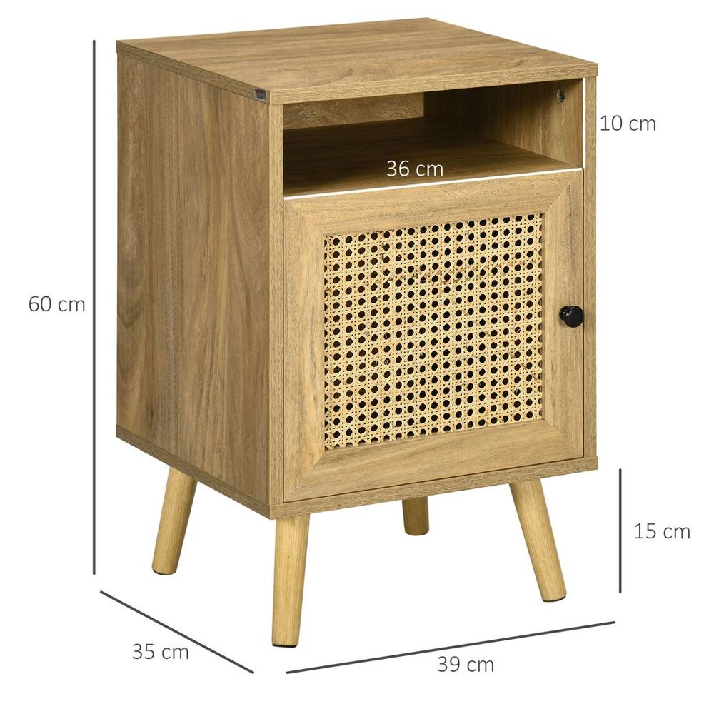 HOMCOM Nightstand, Rattan Bedside Table, Sofa Side Table w/ Cabinet, Shelf