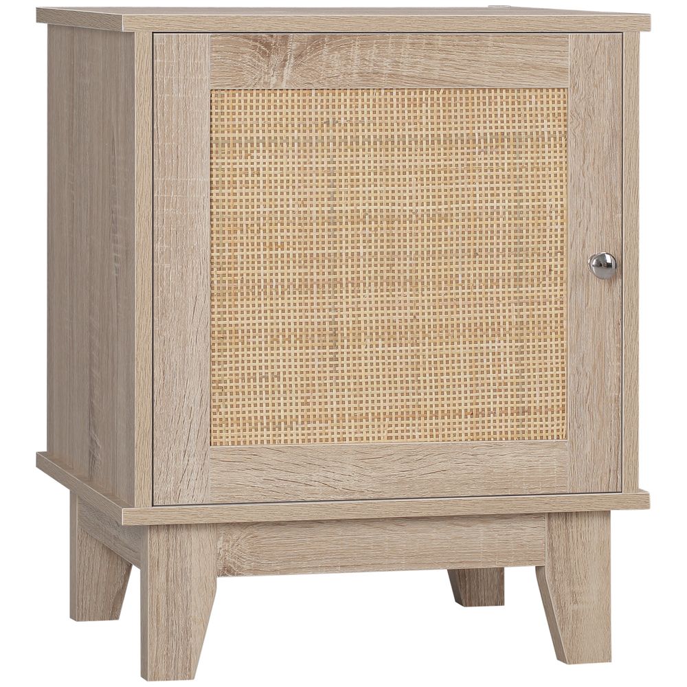 Nightstand, Bedside Table with Storage Cupboard, End Table with Rattan Element