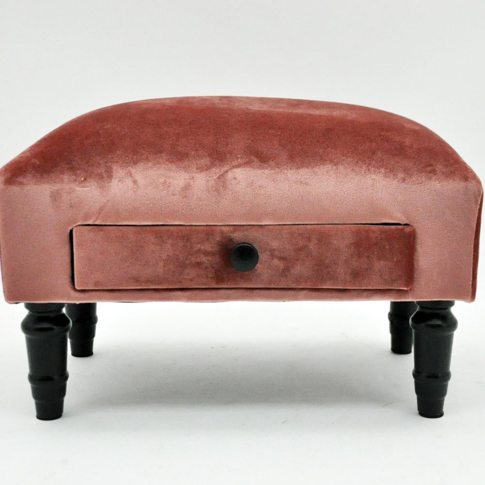 PINK VELVET FOOTSTOOL WITH DRAWER