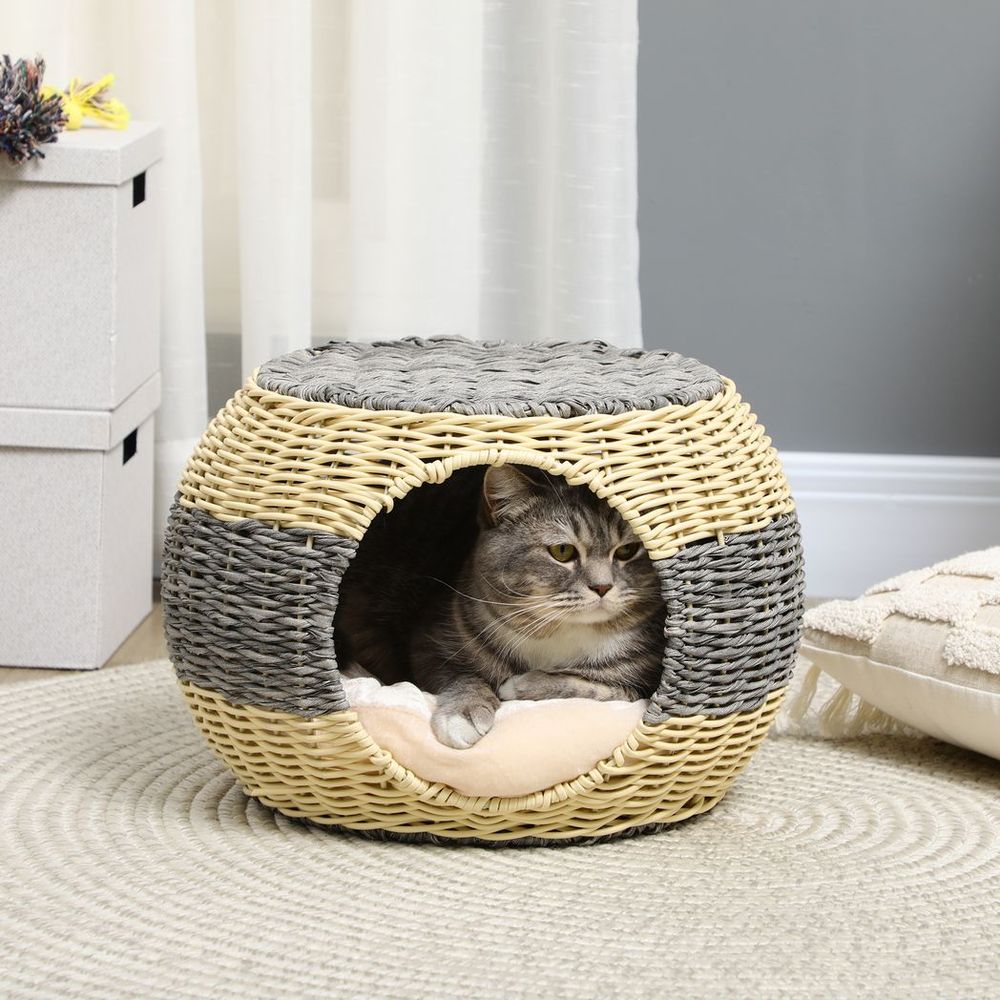 PawHut Wicker Cat House, Rattan Raised Cat Bed w/ Soft Cushion, 40 x 30cm