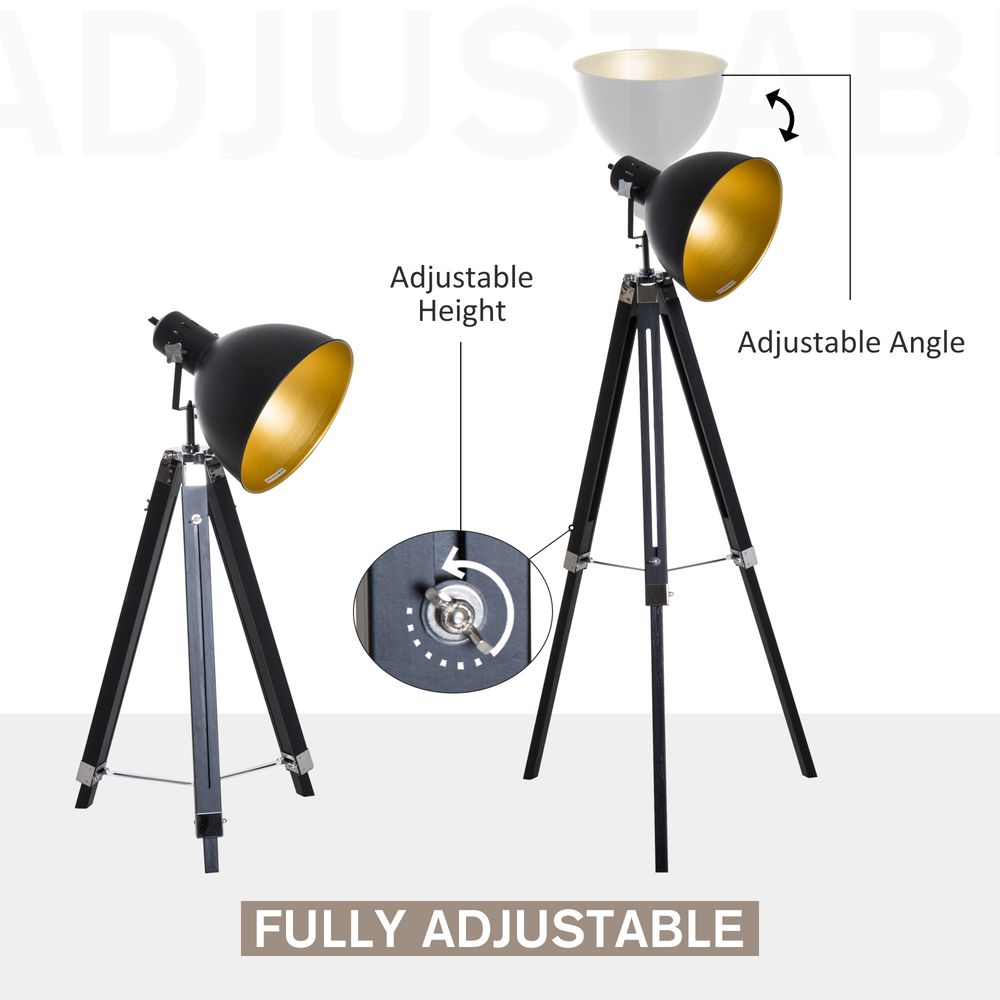 Retro Tripod Floor Lamp  Dome Shade Light Wooden Legs-Black/Gold