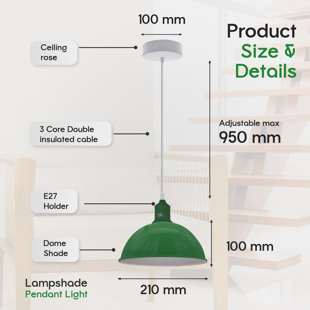 2Pack Dome Shaped Geen Loft Style Sturdy Metal Lamp Shade Pendant Lights 21cm Bottom Spray Painted Finish Inner White