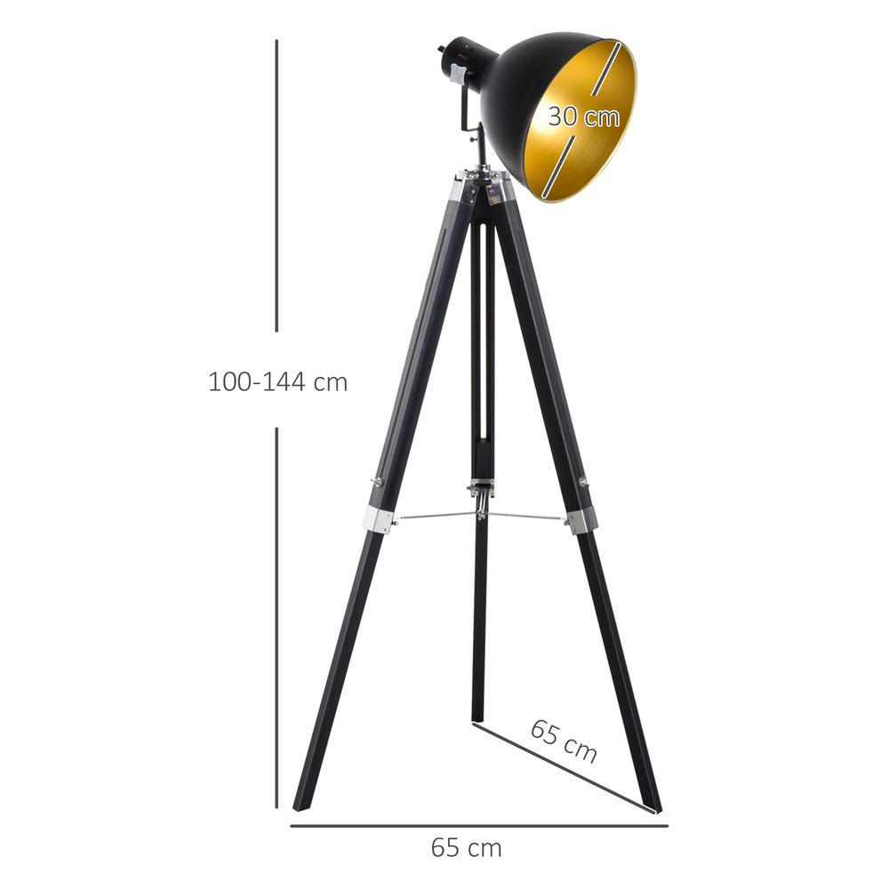 Retro Tripod Floor Lamp  Dome Shade Light Wooden Legs-Black/Gold