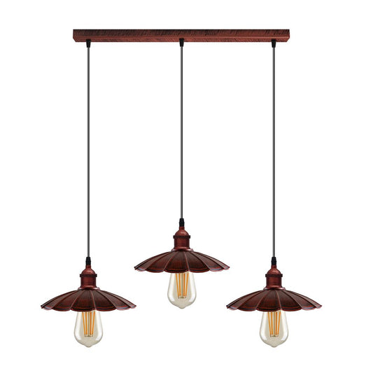 Vintage Industrial Rustic Red 3 Head Reactangle Pendant Cord E27  Metal Brushed Light Fitting Umbrella Shape Lamp Shade