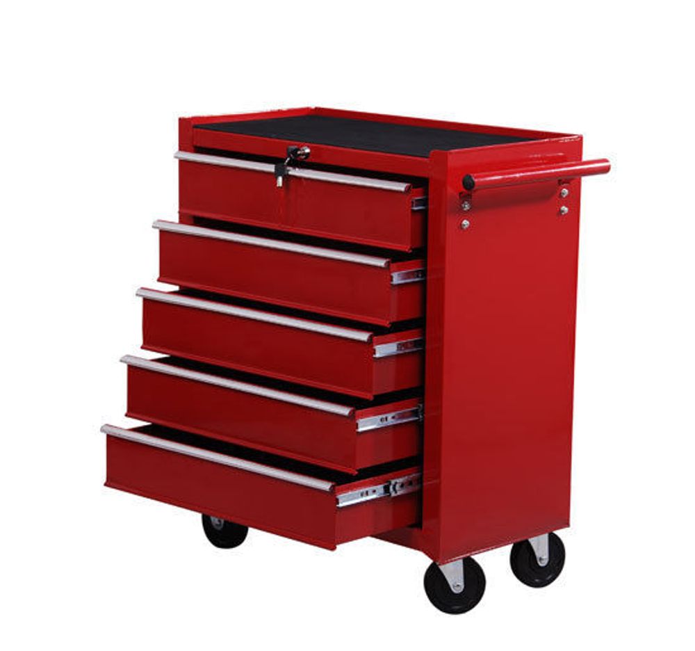 HOMCOM Tool Trolley with 5 Drawers Steel Tool Chest on Wheels with Handle Red