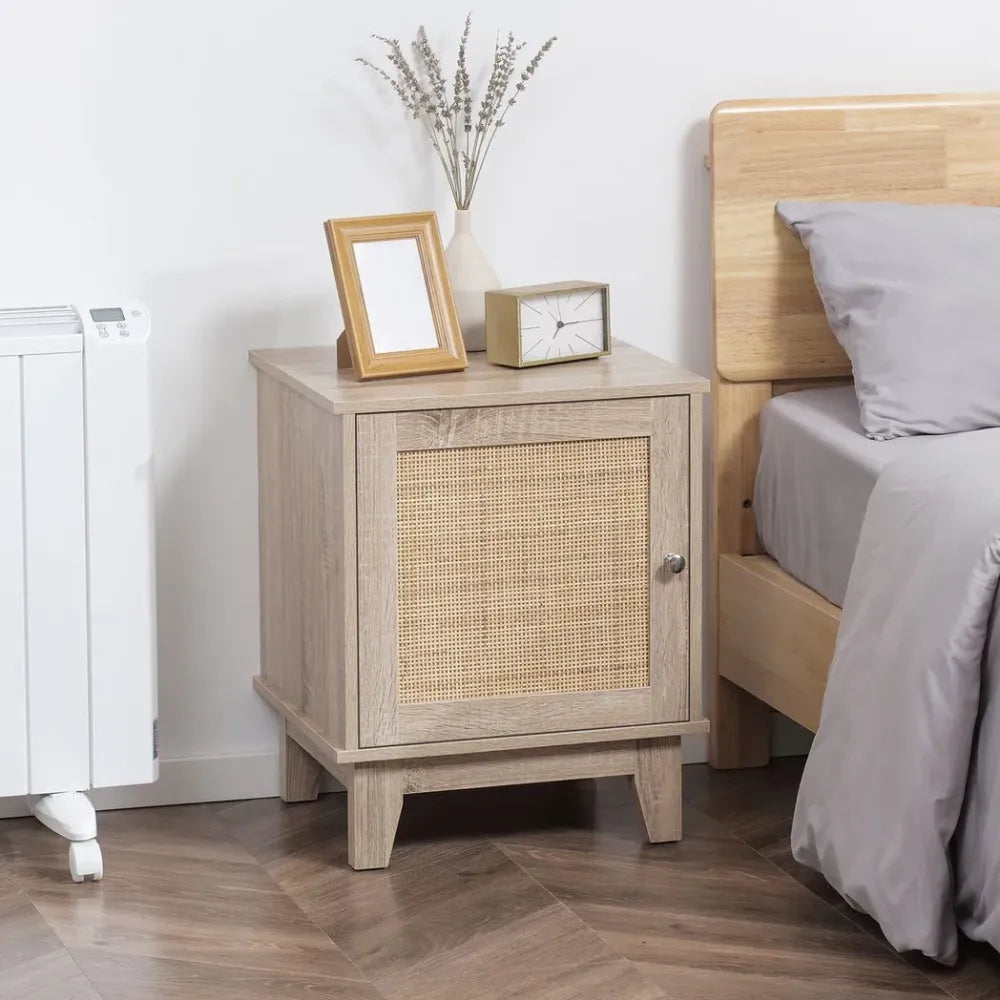 Nightstand, Bedside Table with Storage Cupboard, End Table with Rattan Element