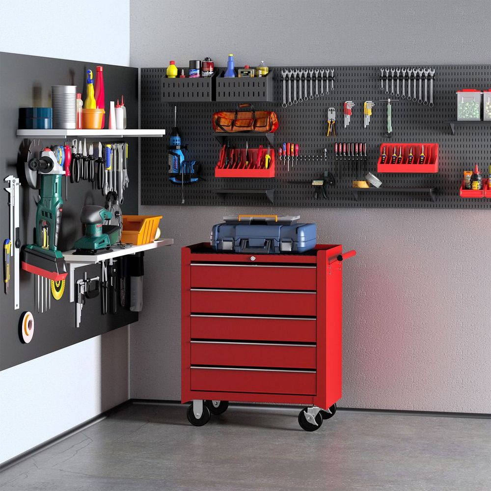 HOMCOM Tool Trolley with 5 Drawers Steel Tool Chest on Wheels with Handle Red